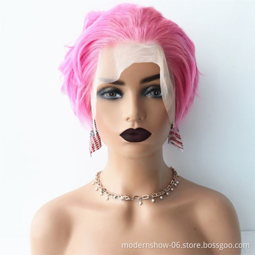 Short Pixie Cut Lace Frontal BOB Wig Pink Color, 100% Virgin Remy Pre-Plucked Lace Front Human Hair Wigs For Black Women